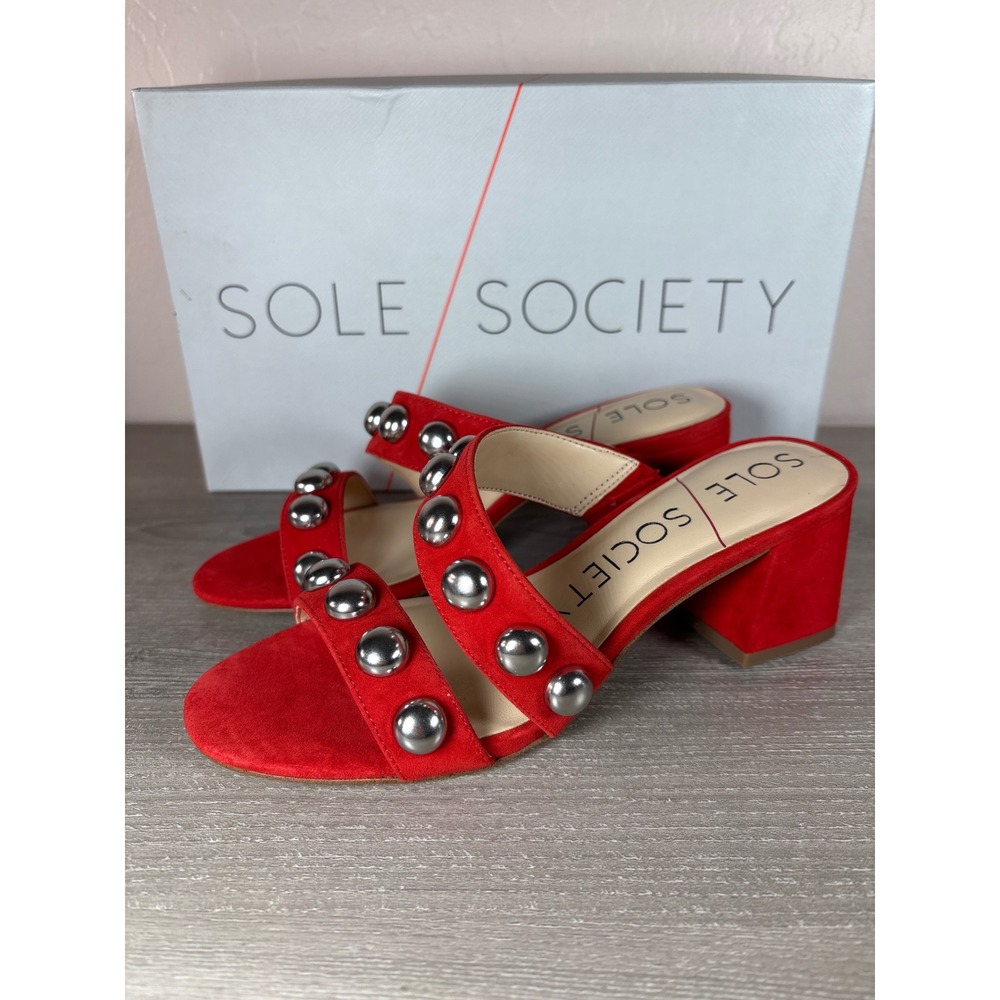 Sole Society Red Suede Studded Block Heel Sandals Size 5.5 M 36‎ Silver Studs